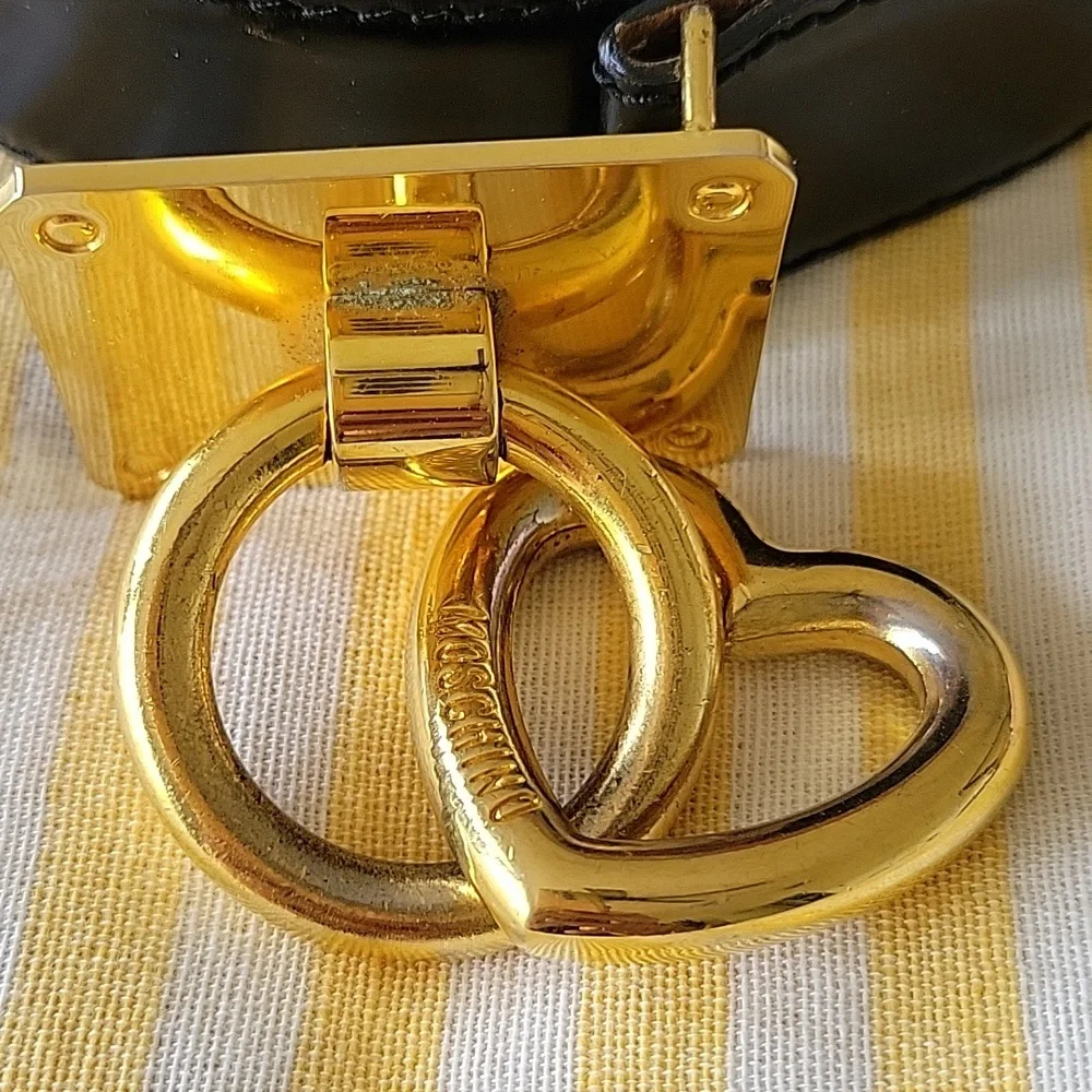 RARE VINTAGE 90s MOSCHINO REDWALL Black Leather Belt with Gold Heart Lock Charm